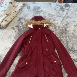 Charlotte Russe Maroon Jacket with Faux Fur Hood
